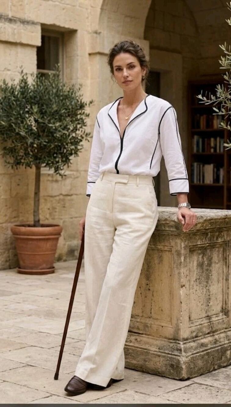The Loom White Blouse With Dark Piping Sz Small Quite Luxury